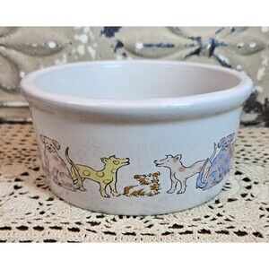 Vintage Ceramic White Dog Food Dish Bowl w/ Cartoon Dogs Different Breeds